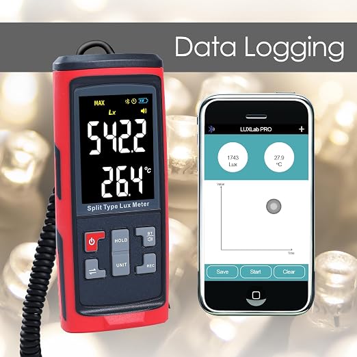 Light Meter Digital Illuminance Meter with Ambient Temperature Measuring and Recording, Bluetooth Lux Light Meter with 32,752 Groups Data Logging, Handheld Photometer Lumens LED Brightness Tester