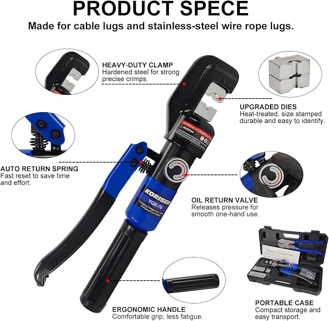 10 Tons Hydraulic Crimping Tool and Cable Cutter, Hydraulic Crimper, Battery Cable Crimper Tool for 12 AWG to 2/0 AWG Battery Terminals, with 9 Dies