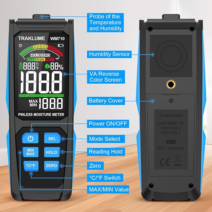Wood Moisture Meter for Lumber Pinless Moisture Tester for Drywall with Colorful Screen Moisture Sensor for House Firewood Moisture Detector for Walls Moisture Reader for Wood Wall Water Leak Detector