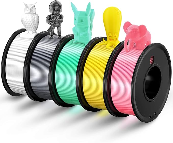 3D Printer Filament PLA 1.75mm 3-D Printing Materials 5 Colors Bundle Print Filimate 1.75 mm White Silver Pink Green Yellow Filiment1.75 Accuracy ±0.02mm Fillament Spool Vacuum Pack 250G X 5