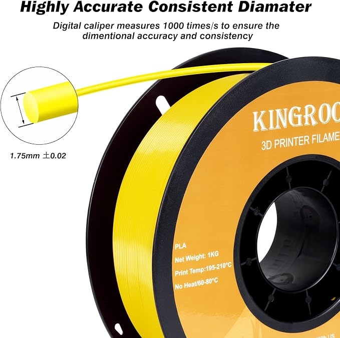 Kingroon PLA 3D Printer Filament, Dimensional Accuracy +/- 0.02 mm, 1 kg Spool(2.2lbs), 1.75 mm，Yellow
