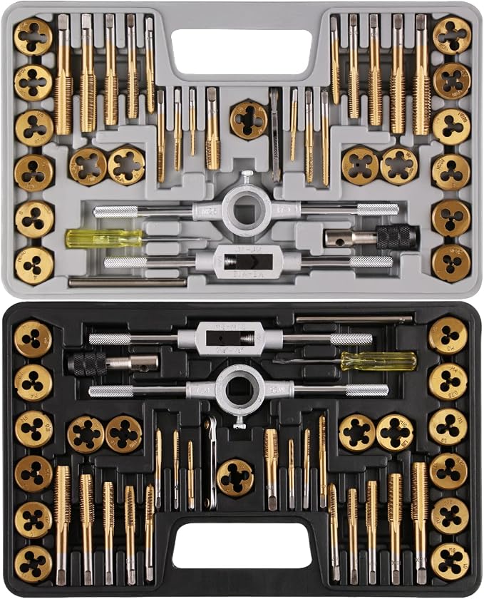 Anfrere Brass Coated 80pcs SAE & Metric Tap and Die Set, Metric Standard Rethreading Tool Kit, Coarse and Fine Threads for Cutting External and Internal Threads, Essential Repair Tool Kit with Case