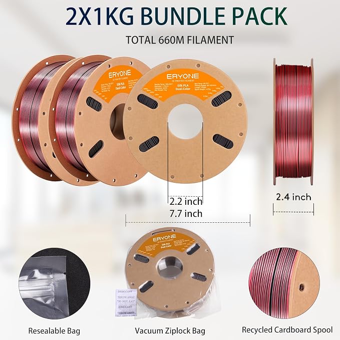 ERYONE Silk Dual Color PLA Filament 3D Printer 1.75mm +/- 0.03mm, Bicolor Filament Two Tone PLA Bundle 2KG Cardboard Spool, Black Red