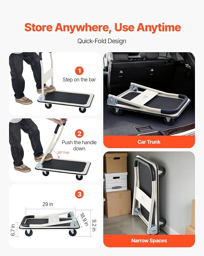 VEVOR Foldable Push Cart Dolly, 330 lbs Load Capacity, Folding Platform Truck with Swivel Wheels, Moving Platform Hand Truck Flatbed Cart, Space Saving Push Handle for Easy Storage 29 x 18.9 x 32.5 in