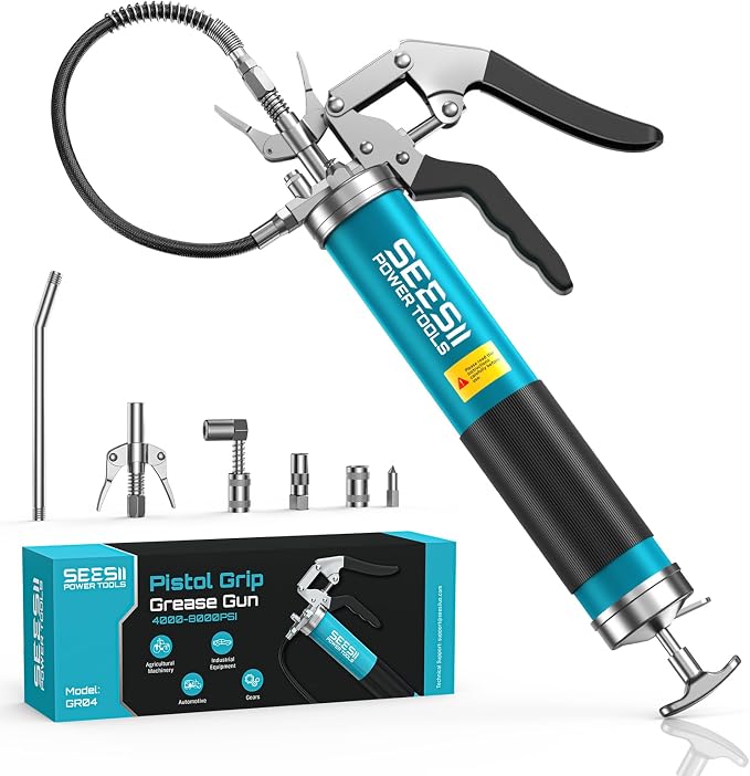 Seesii Upgraded 8000PSI Grease Gun Kit: Heavy Duty Pistol Grip Grease Gun with 14oz Capacity, Quick-Release Coupler, 90°Adapter, Flexible Hose, Rigid Pipe for Automotive, Agricultural, Industrial