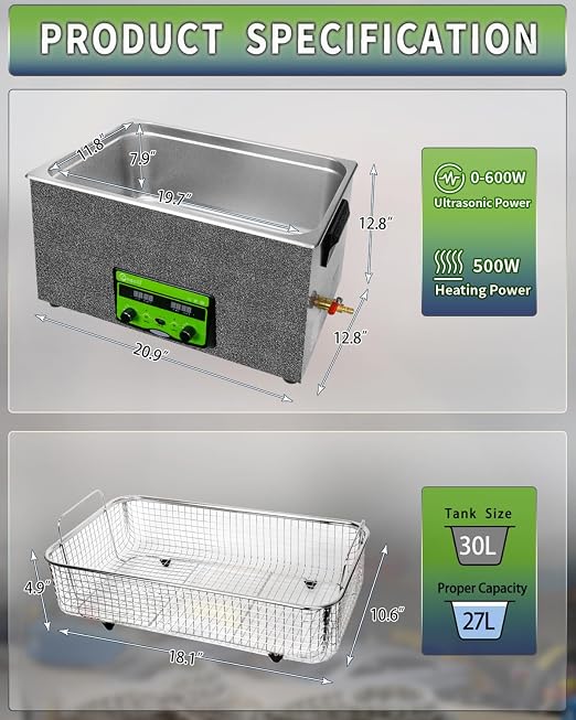 ONEZILI Ultrasonic Cleaner 30L, 600W Ultrasonic Parts Cleaner w/Adjustable Power, Sweep & Degas for 360°Cavitation Cleaning- Industrial Ultra Sonic Machine for Gun, Carburetor & Mechanical Parts