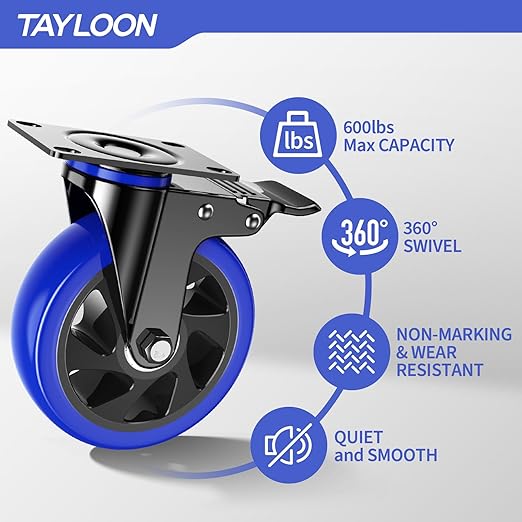 5 Inch Caster Wheels Heavy Duty Swivel Casters Set of 4 with Dual Locking,Industrial Plate Casters, Locking Casters Wheels for Furniture,Workbench(Free Hardware Kit)