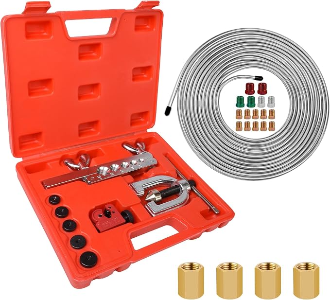 3/16" Brake Line Repair Kit - 25 Feet Zinc Plated Rust-Proof Brake Tubing + Flaring Tool, 16 Fittings & 4 Unions | For Cars, Trucks, SUV Hydraulic Brakes