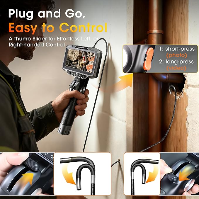 Two-Way Articulating Borescope, 1080P HD Endoscope Camera with 5" IPS Screen, IP67 Waterproof 0.23in Slim Probe Inspection Camera with Adjustable Light, for Automotive Pipe Sewer 32GB SD Card