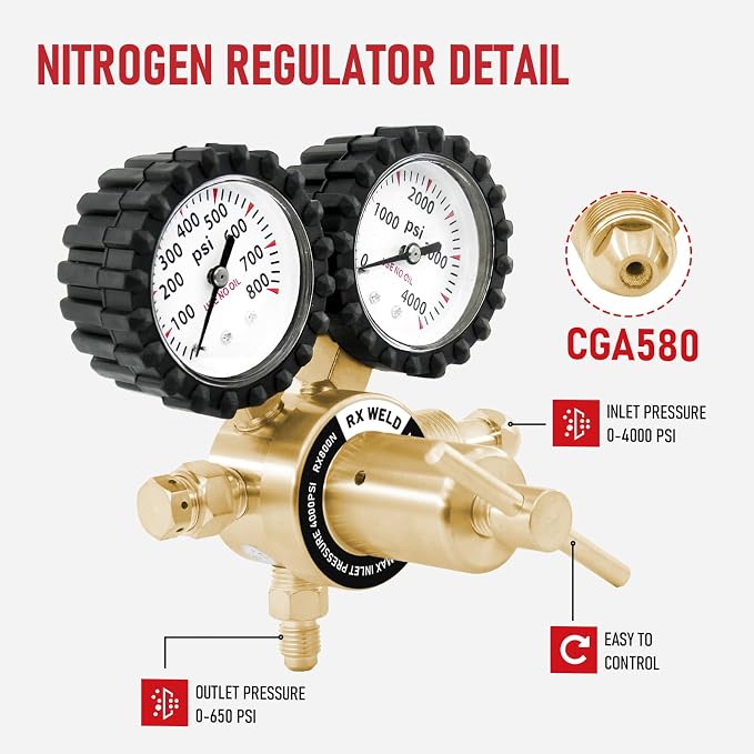 RX WELD Nitrogen Regulator, 0-800 PSI, CGA580 Inlet, 1/4" Flare Outlet | 5FT Hose Included. Output: Adjustable 0-650PSI.