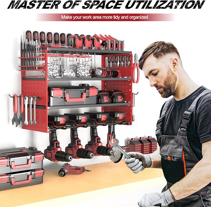 Power Tool Organizer Wall Mount, Cordless Drill Hanger Storage Rack 8 Drill Holder, 4 Layer Heavy Metal Large Capacity Tool Rack for Garage Organization (Red, 4 Drills Holder)