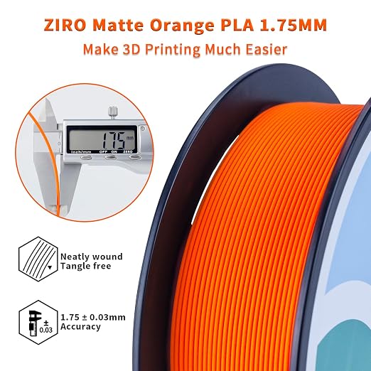 ZIRO Matte PLA Filament 1.75mm, Pure Color No-Shine 3D Printer Filament, High Toughness 3D Printing Material, Military Orange (Matte)