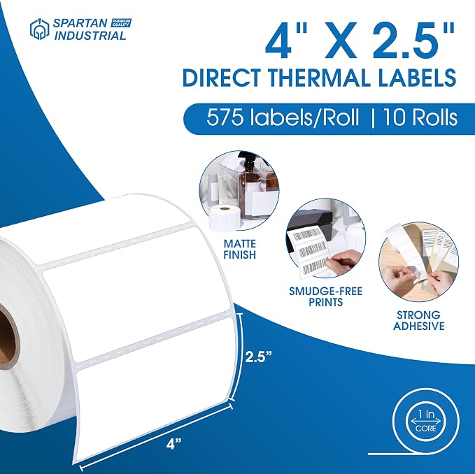 Spartan Industrial - 4" X 2.5" Direct Thermal Labels (5750 Count, 10 Rolls) - Barcode Thermal Stickers, Shipping and Address Label Roll for Packaging - Compatible with Zebra and Rollo Printers