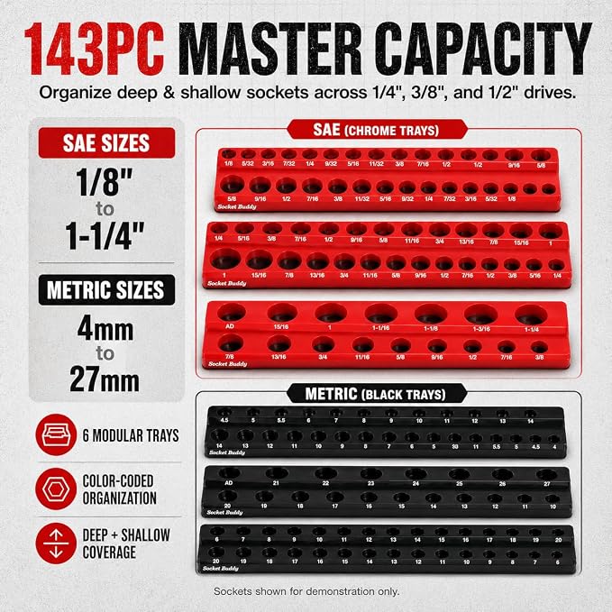 Socket Buddy Magnetic Socket Organizer Set, 6PCS Socket Holder,1/8" to 1-1/4" Sockets Holds 143 Pieces Magnetic Sockets Trays (Black&red)