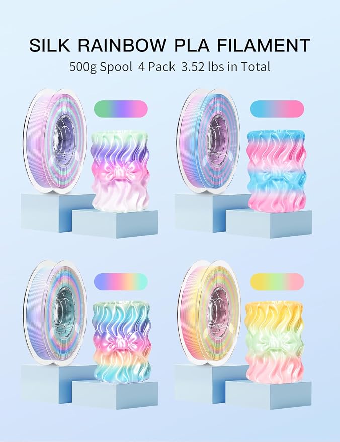 PINBALL 500gx4 Silk Rainbow PLA 3D Printer Filament 1.75mm, Shiny Multi-Color Changing Filament 3D Printing Filament Dimensional Accuracy +/- 0.02mm, 500g*4 Spools