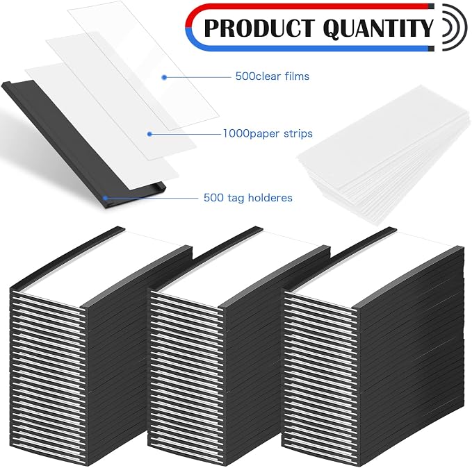500 Pieces Magnetic Data Card Holders Channel Magnetic Label Holders Labels Racks with Magnets with 500 Protective Films and 1000 Replacement Strips for Metal Racks Shelf Bin (1 x 2 Inch)