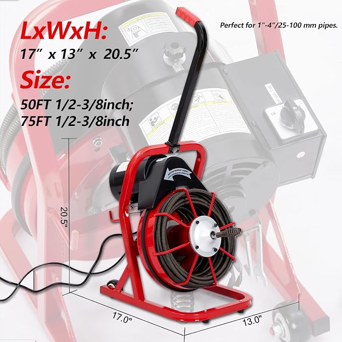 GAOMON Drain Cleaner Machine 75FT x 1/2 Inch Electric Drain Auger Sewer Auger Fits 1 to 4 Inch Pipes with 4 Cutter, Air-Activated Foot Switch, Gloves (K300K)