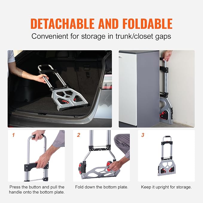 VEVOR Folding Hand Truck, 80 kg Load Capacity, Aluminum Portable Cart, Convertible Hand Truck and Dolly with Telescoping Handle and Rubber Wheels, Ultra Lightweight Super Strong for Moving Warehouse