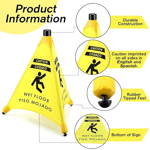 Ceenna 4 Pcs 19.5 Inch Wet Floor Sign Pop-up Safety Cone with Storage Tube Wet Floor Symbol Yellow Warning Sign for Retail, Grocery, Office, Cinema, Restaurant, Mall