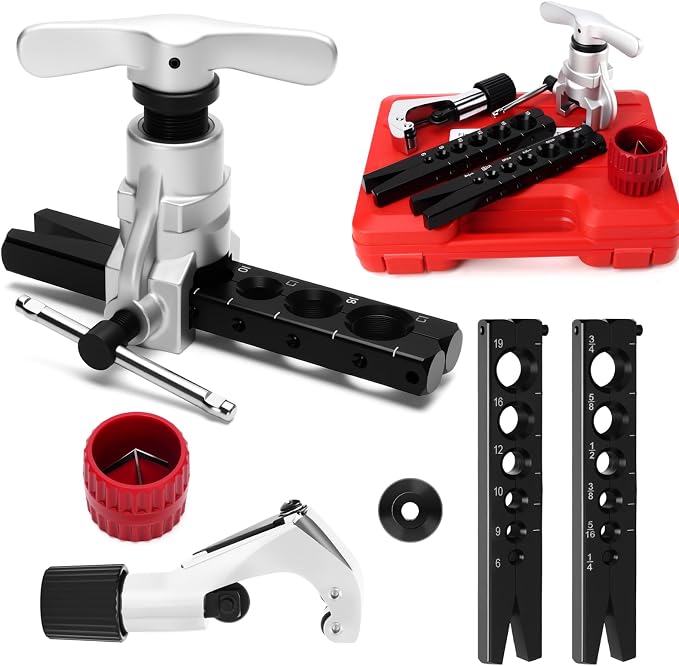 Flaring Tool Kit, Flare Tool HVAC, Copper Pipe Flaring Tool | 1/4''-3/4'' and 6-19mm 45° Eccentric Single Flare Tool with Tubing Cutter. For HVAC, Air Heaters, Refrigerators Maintenance