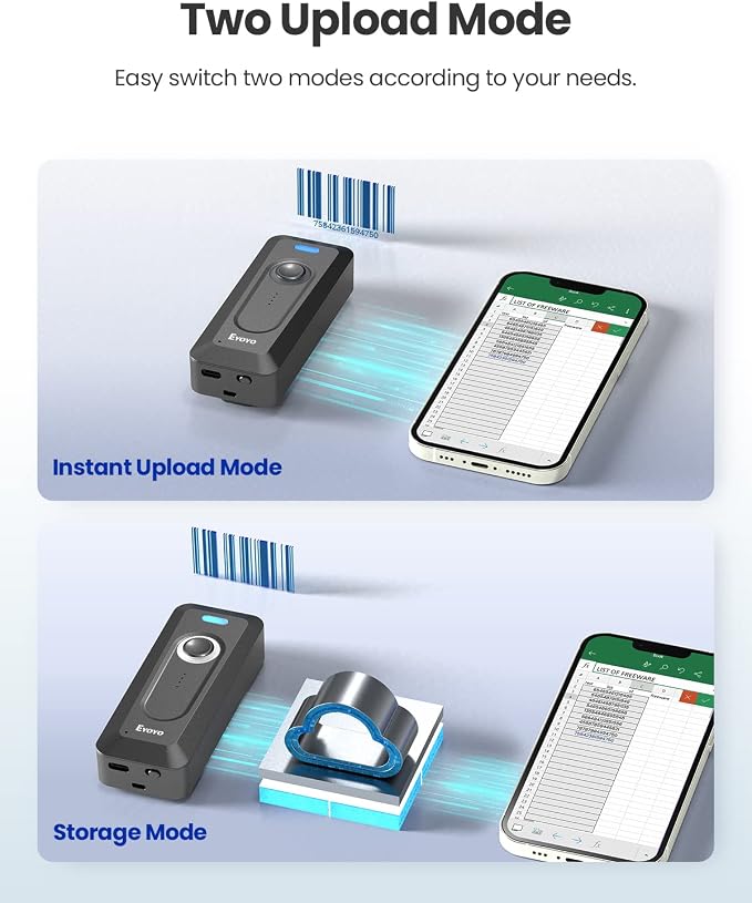 2-Pack Eyoyo 2D Bluetooth Barcode Scanner Wireless with Clip, 2000mAh Battery with Level Indicator, Portable Mini Barcode Reader for Library Inventory Compatible with iPhone, iPad, Android Phone