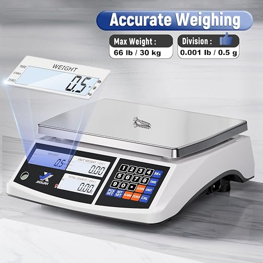Industrial Counting Scale 66lb/30kg x 0.5g Digital Inventory Scale for Small Parts Coins Jewelry, lb/g/kg/oz Electronic Bench Scale Precision Gram Scale with LCD Backlight Display Batteries AC Adapter