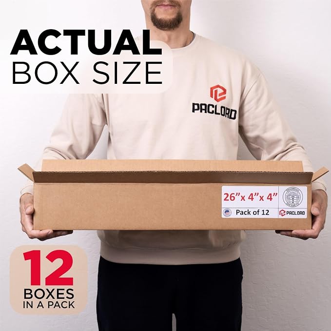 Long Cardboard Boxes 26"L x 4"W x 4"H (Pack of 12) - USA-Made Packing Boxes for Moving, Shipping, or Storage - USPS, UPS, FedEx Approved - Professional Packing Supplies for Moving | USA-Made Packing Boxes for Moving, Shipping, or Storage - USPS, UPS, F...