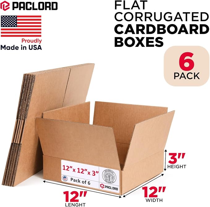 Flat Cardboard Boxes 12"L x 12"W x 3"H (Pack of 6) - USA-Made Packing Boxes for Moving, Shipping, or Storage - USPS, UPS, FedEx Approved - Professional Packing Supplies for Moving | USA-Made Packing Boxes for Moving, Shipping, or Storage - USPS, UPS, F...