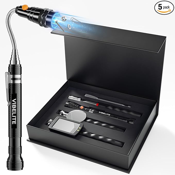 Fathers Day Dad Gifts, 5Pcs Telescoping Magnetic Pick Up Tool Set, with 1lb &15lb Pick-up Rod, 360° Square & Circle Swivel Adjustable Inspection Mirror and LED Flashlight, Birthday Gifts for Men, Dad