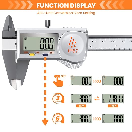 HARDELL Digital Caliper, IP67 Industry Calipers with Battery Display, ABS, Auto-Off, Inch/MM Conversion, Stainless Steel Caliper Measuring Tool for Water/Coolant/Dust Protection