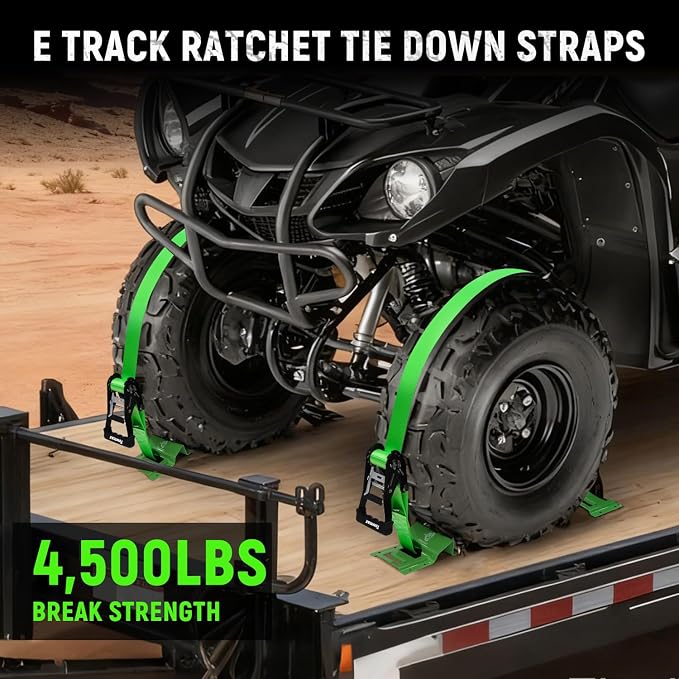 UTV Wheel Chock Tie-Down Kit - 4,500lb Break Strength Heavy Duty Trailer Tire Straps System - 4Pack 2" x 8' E Track Ratchet Straps for SXS, UTV, ATV, Lawn Mower (Bright Green)