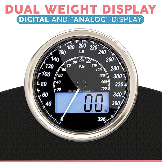 Hybrid Bathroom Scale - Analog & Digital Display, Accurate to 400 lbs | See weight on both an analog dial and digital LCD at once. Wide glass platform, accurate to 0.2 lbs, batteries included.