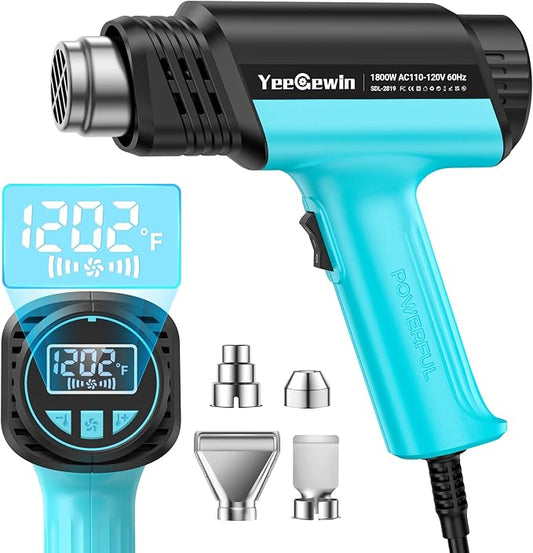 1800W Heat Gun Compact Design Hot Air gun with LCD Display Variable Temperature Control 122℉-1202℉(50℃-650℃) with Memory Function and 4 Nozzles for Crafts, PVC Heating and Paint Removal