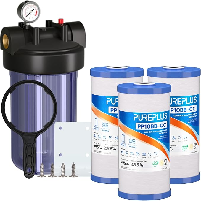 PUREPLUS Whole House Water Filter, 10"x4.5" Universal Housing, Clear, with 3 Compound Water Filters, Reduceing Chlorine, sand, rust, sediment, color, Replacement for FXHTC, GXWH40L, GXWH35F, GNWH38S