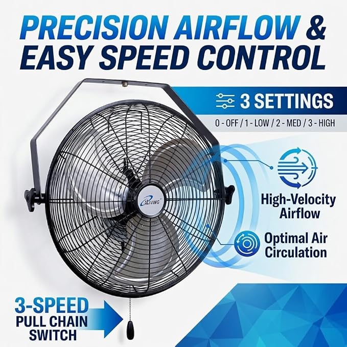 iLiving 18 Inch Wall Mount Fan, 4550 CFM High Velocity Metal Fan with 3 Speeds, Sealed Motor & 360° Tilt, Heavy Duty Wall/Ceiling Mount Fan for Garage, Warehouse, Barn, Greenhouse, Workshop