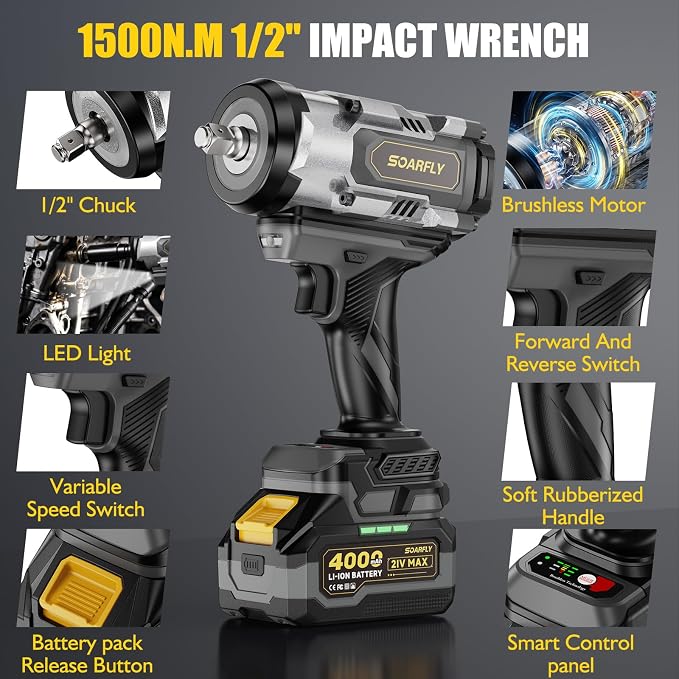SOARFLY 1/2" Cordless Impact Wrench, 1500N.m (1106 Ft-Lbs) High Torque, 21V Brushless Impact Gun with 2x 4.0Ah Batteries, Variable Speed, LED Light, 5 Sockets for Truck RV Car Heavy Construction