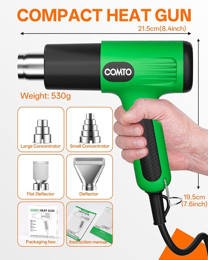1600W Heat Gun, Hot Air Gun with 2 Temp Settings, 4 Nozzles, Overheat Protection, for Shrink Tubing, Shrink Wrap, Crafting, Resin, and DIY Projects - Green