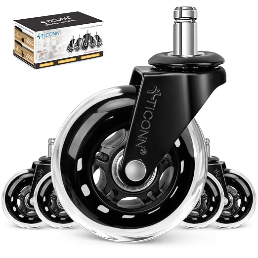 TICONN Office Chair Caster Wheels Set of 5 for Tile, Hardwood Floors and Carpets, Universal Fit for Most Chairs (Transparent)