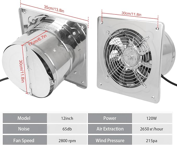 12 Inch Exhaust Fan with Plug, 1558CFM Through-the-Wall Ventilation Fan with Light Weight Pure Copper Motor, for Laundry Room, Toilets, Garage, and Shopping Mall, 110V (12 inch, silver)