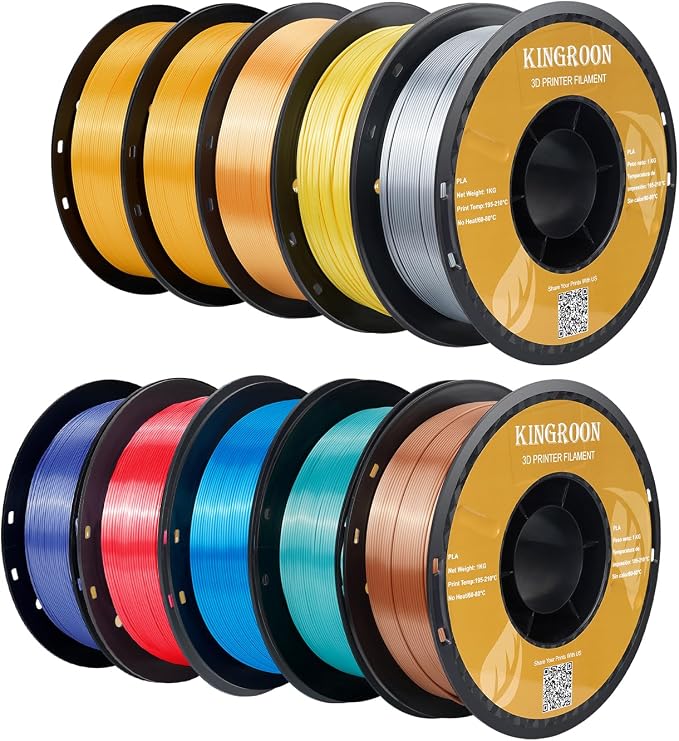 Kingroon Silk PLA Bundle 3D Printer Filament, Dimensional Accuracy +/- 0.03 mm, 10 kg Spool(22lbs), PLA Shiny Filament 1.75 mm（2Gold+Orange+Green+Red+Yellow+Blue+Purple+Silver+Copper, Silk PLA