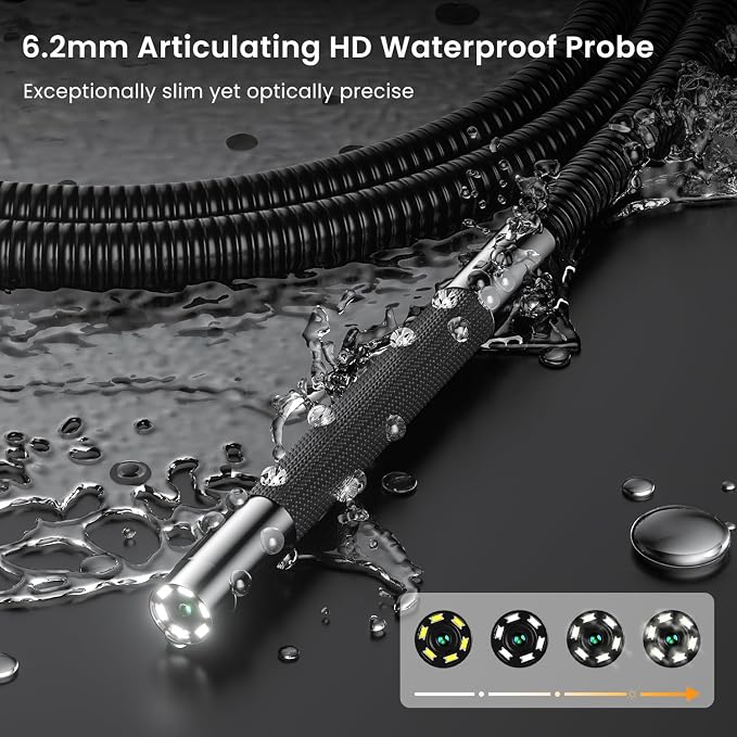 Two-Way Articulating Borescope with Light, 6.2mm Probe Industrial Endoscope Camera with 1.5m Self-Resetting Tube, 5" IPS Screen Inspection Camera with Light for Engine/Pipe