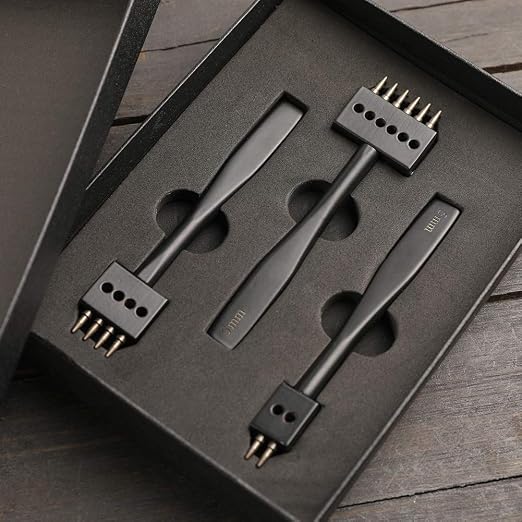 2/4/6 Prong Punch Nylon Head Leather Hammer, Black Leather Prong Punch Tool Leather Craft Carving Hammer, 5mm Lacing Stitching Punch, Round Hole Prong Lacing Stitching Punch for Leather Craft
