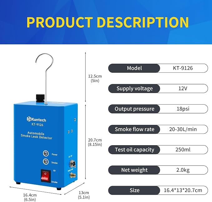 Kuntech Automotive Smoke Machine Built-in Air Pump, 12V DC Smoke Leak Detector for Pipe System, Fuel Leakage, Leakage Diagnostic Tester for All Cars, Blue