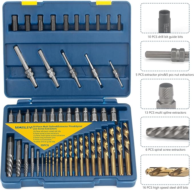 MABLEVI 55-Piece Screw Extractor Set, Broken bolt extractors & Multi-spline Extractors, and Drill Bits for Removing Stripped Screws, Studs, Fittings, Lugs Extraction