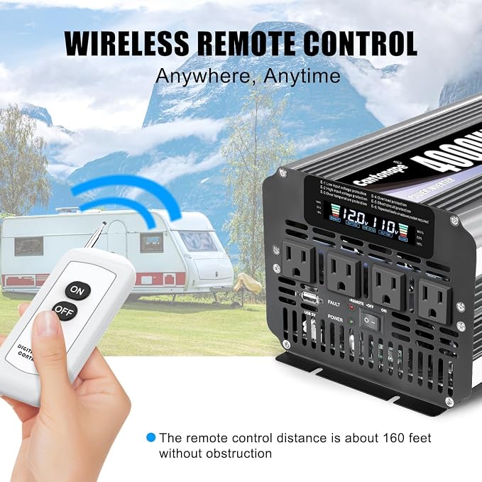Cantonape 4000 Watt Power Inverter, Car Inverter 12V DC to 110V/120V AC Converter with LCD Display, 4 AC Outlets, USB Port & Remote Controller for RV, Truck, Off-Grid Solar System