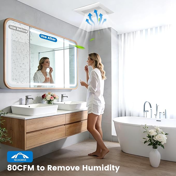 Tech Drive Bathroom Fan with Humidity sensor,80 CFM,1.5 Sone,4 Inch Duct | Very Quiet,No Attic access Needed Installation, HVI and Energy Star Certified, Easy to Install