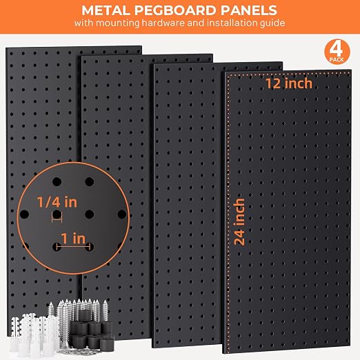 INCLY 4 Pack Peg Board, 12"x24" Upgrade Thicker Heavy Duty Metal Pegboard Panels, Black Pegboard Wall Organizer, Peg Board Panels for Walls Home, Garage Tools Storage, Shed, Craft Room, Kitchen
