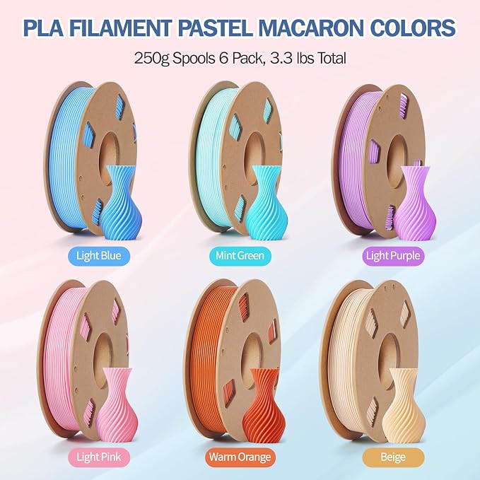 PLA 3D Printer Filament Bundle 1.75mm, 6 Colors Pastel 250g Each | Dimensional Accuracy +/- 0.02 mm, Compatible with Most FDM 3D Printers, For DIY Projects, Models and Crafts