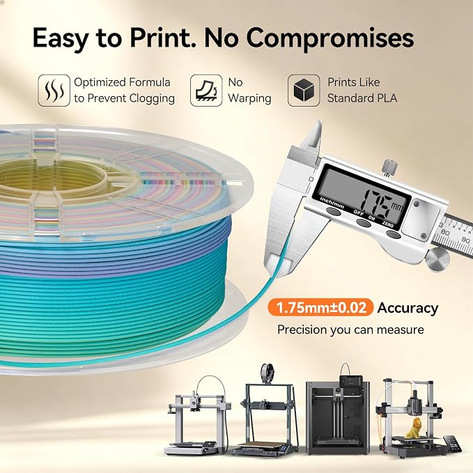 Kingroon 3D Printer Filament Matte Rainbow PLA Filament 1.75mm 3D Printing Filament 1kg Dimensional Accuracy ±0.02mm,Fit Most 3D Printers