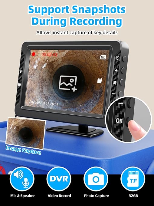 Sanyipace Sewer Camera,5" HD Screen,18mm Pipeline Inspection Camera with 8 LEDs Light,32GB DVR Function, 1080P IP68 Waterproof Drain Camera for Sewer Line,Home,Drain Pipe Plumbing(Blue,100ft/30m,5mm)